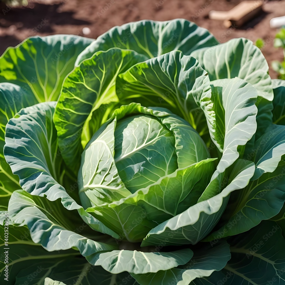 Obraz premium Fresh Green Cabbage Growing in Garden