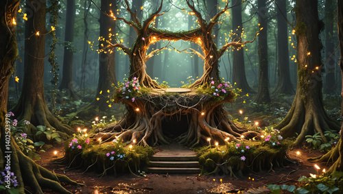 Enchanted Forest Podium Fantasy Tree Root & Flower Altar