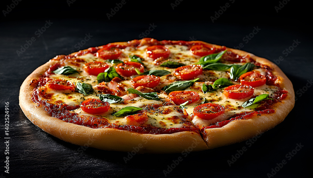 A top-down view of Pizza Margherita placed on a black stone background A top-down view of Pizza Margherita placed on a black stone background