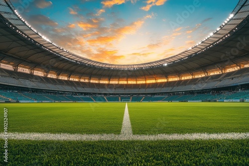 A wide-angle photo of an empty soccer stadium at sunset, with green grass and white lines on the field, and stadium lights illuminating the stands where fans are cheering for their team. 