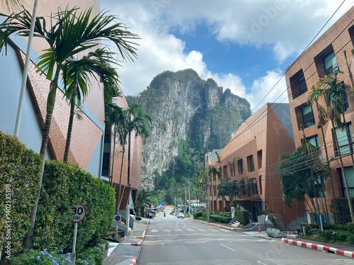 Thai street with limestone backdrop