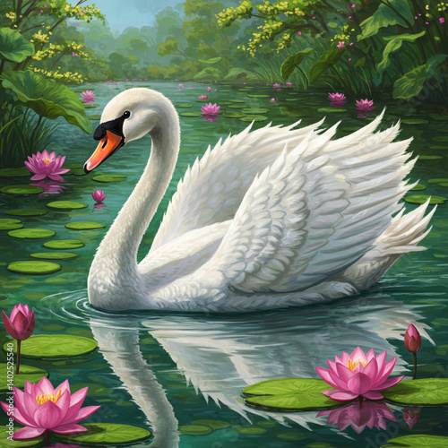 Graceful White Swan Swimmin...
