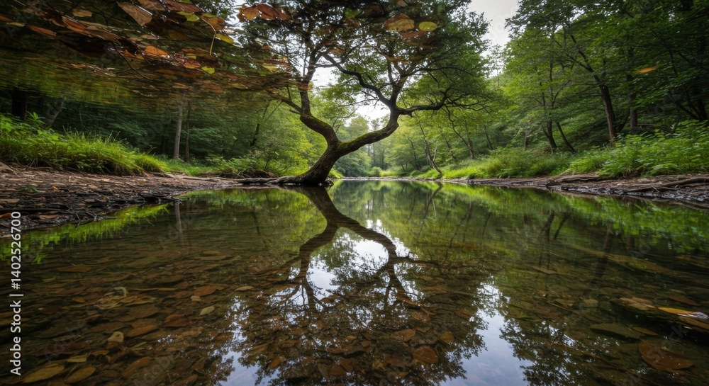 Serene landscape with a twisted tree reflected in calm water, surrounded by lush greenery and soft light - forest wall paper Serene landscape with a twisted tree reflected in calm water, surrounded by lush greenery and soft light - forest wall paper