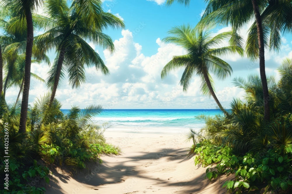 Fototapeta premium Serene tropical beach with palm trees under a clear blue sky and soft white clouds