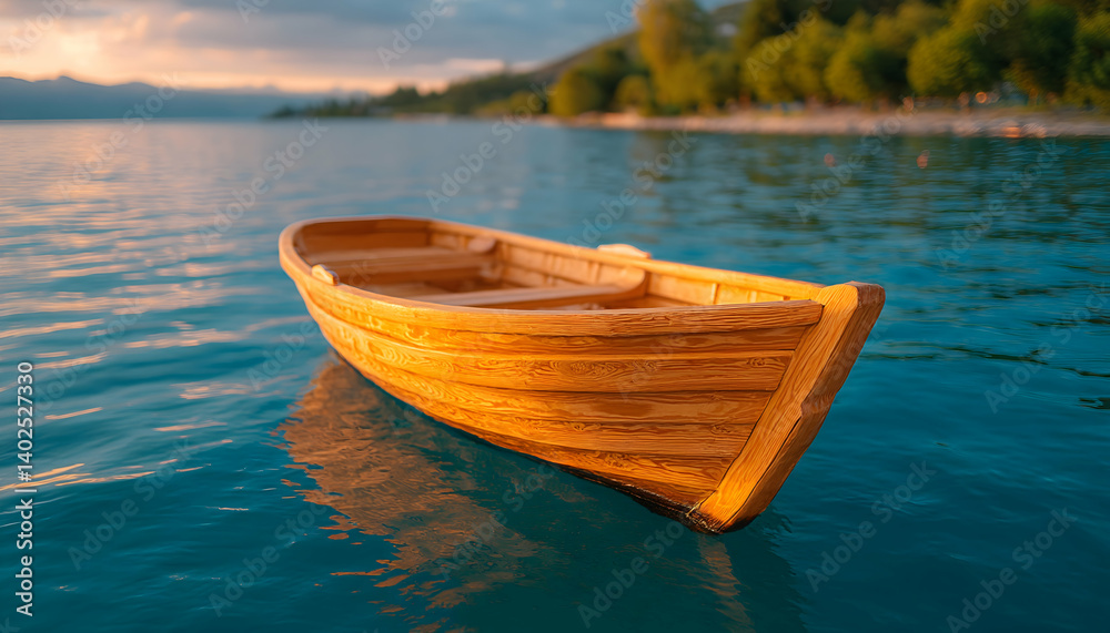 Naklejka premium Serene wooden rowboat floats on calm lake at sunset, reflecting golden light