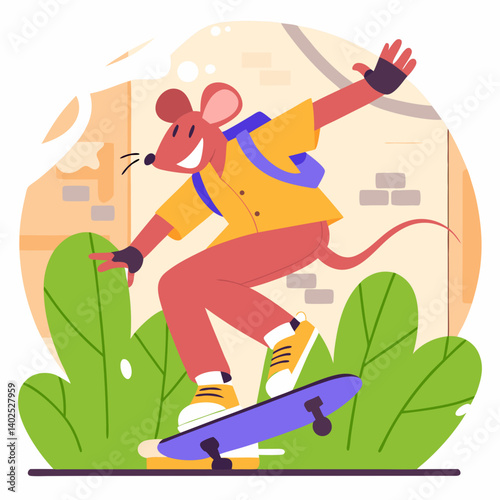 ​A mouse performs dynamic skateboard tricks in this lively illustration