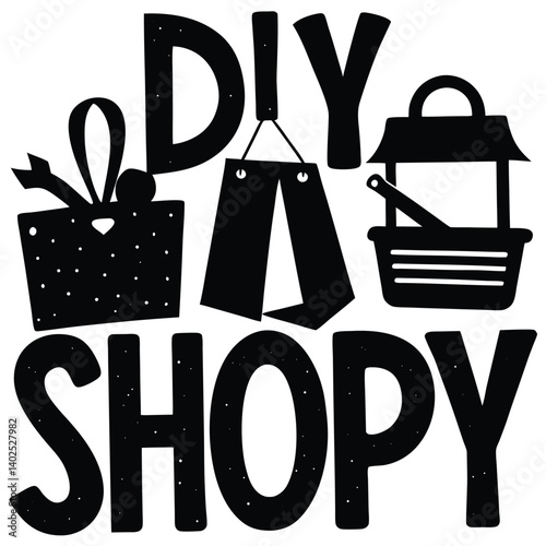 DIY Shopy Logo: Black & White Vector Graphic of Gift, Shopping Bags, & Basket for Crafting, Handmade Goods, & Creative Retail Business