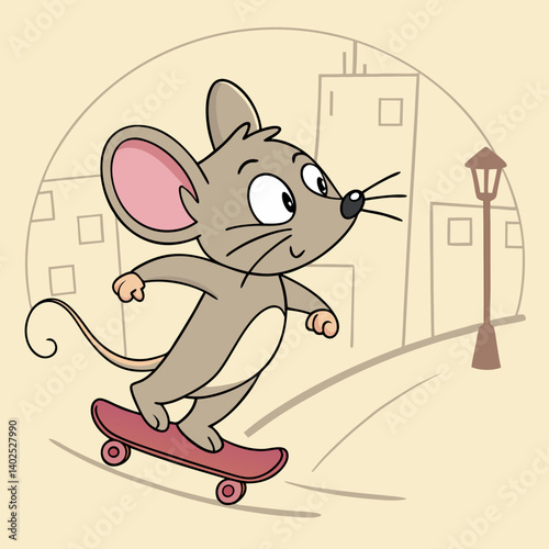 ​A mouse performs dynamic skateboard tricks in this lively illustration