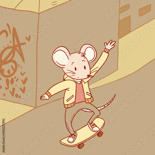 ​A mouse performs dynamic skateboard tricks in this lively illustration
