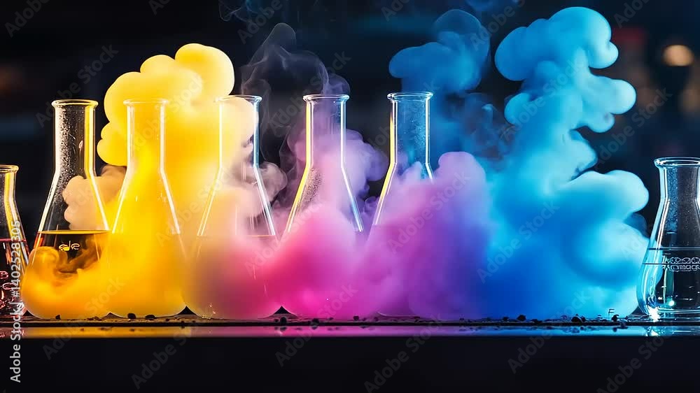 Colorful chemical reactions in laboratory flasks creating vibrant smoke effects