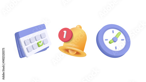 3D Calendar Icon with Checkmark, Time and Notification. Schedule, Appointment, Deadline, Planning Vector Illustration.
