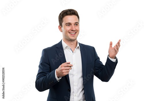 A young professional man giving a presentation, isolated