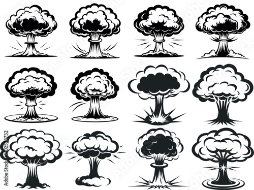 Collection of stylized atomic bomb explosions in black and white vector graphics