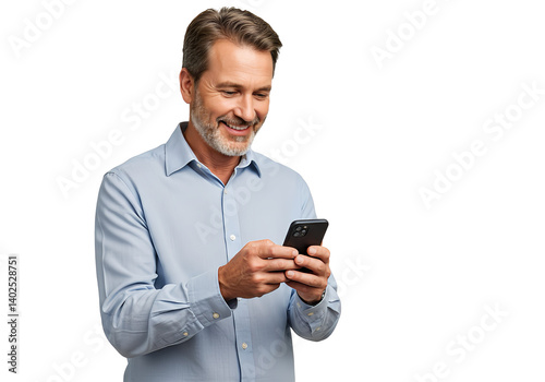 A smiling man holding a smartphone, isolated