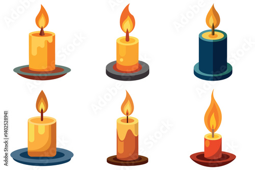 Cartoon Candles in Varying Styles with Dishes and Lit Flames