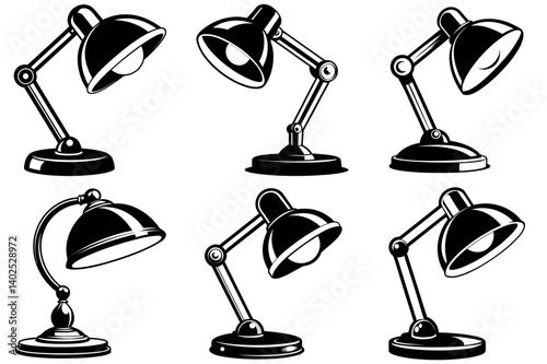 Collection of six black and white desk lamps with adjustable arms