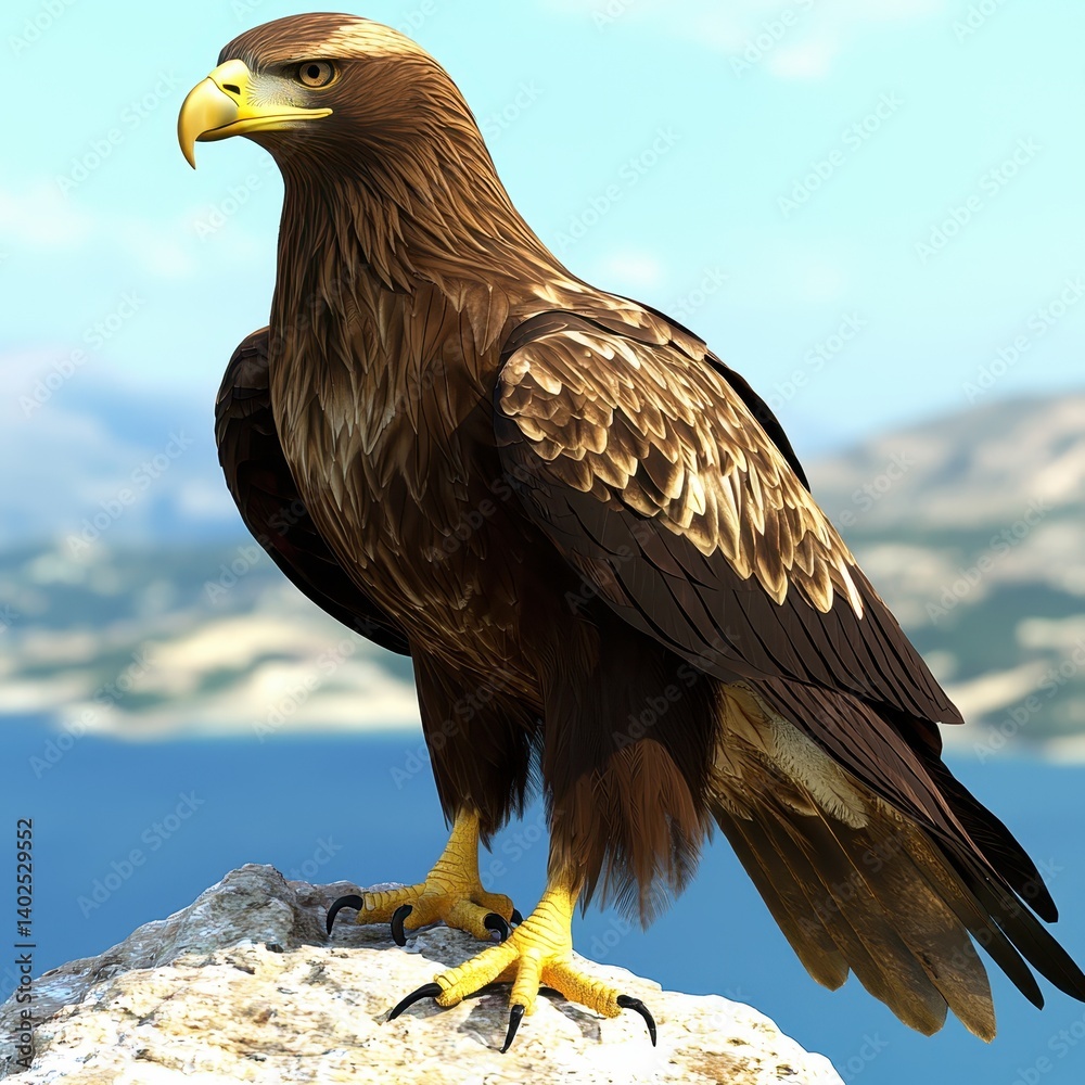 Obraz premium Majestic Eagle Perched on Rock Overlooking Scenic Landscape