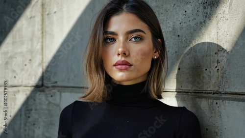 Portrait of a beautiful young woman with blue eyes posing near textured concrete wall and wearing a black turtleneck top under sunlight.