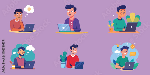 Flat vector icons depict a diverse set of cartoon business people, including men and women, representing office work and social avatars