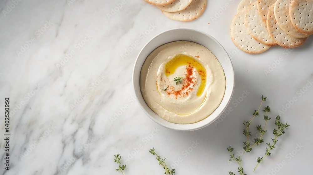 cheese spread served in a sleek white bowl on a marble slab,with seed crackers nearby cheese spread served in a sleek white bowl on a marble slab,with seed crackers nearby