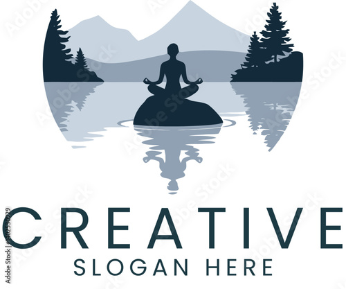 Peaceful Yoga Pose by Still Lake Tranquil Nature Scene zen calm blue gray logo  