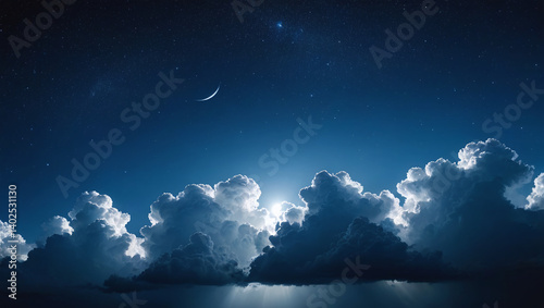 Majestic Night Sky Crescent Moon, Stars, and Illuminated Clouds