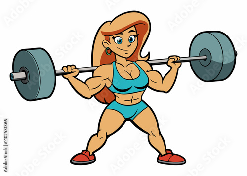 A cartoon illustration of a muscular fitness girl in a bikini lifting a heavy barbell with one hand, showcasing strength and athleticism.