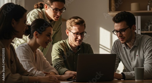 Wallpaper Mural Group of people looking at a laptop screen indoors teamwork collaboration. Torontodigital.ca