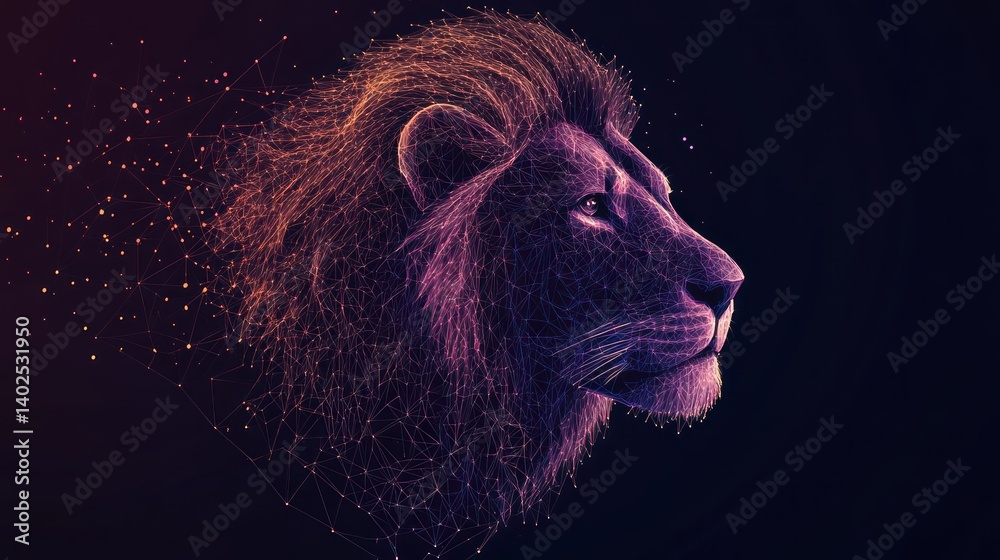 Naklejka premium Digital lion profile, dark background, glowing lines, abstract art, website banner