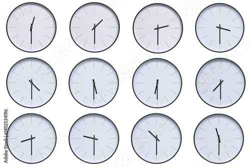 A set of 12 wall clocks with black frames and clean white faces, displaying a different time interval from 00:30 to 11:30 or 12:30 to 23:30. The modern and clean design makes this set ideal for themes