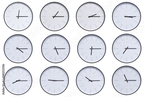 Cuadro en lienzo A set of 12 wall clocks with black frames and clean white faces, displaying a different time interval from 00:15 to 11:15 or 12:15 to 23:15