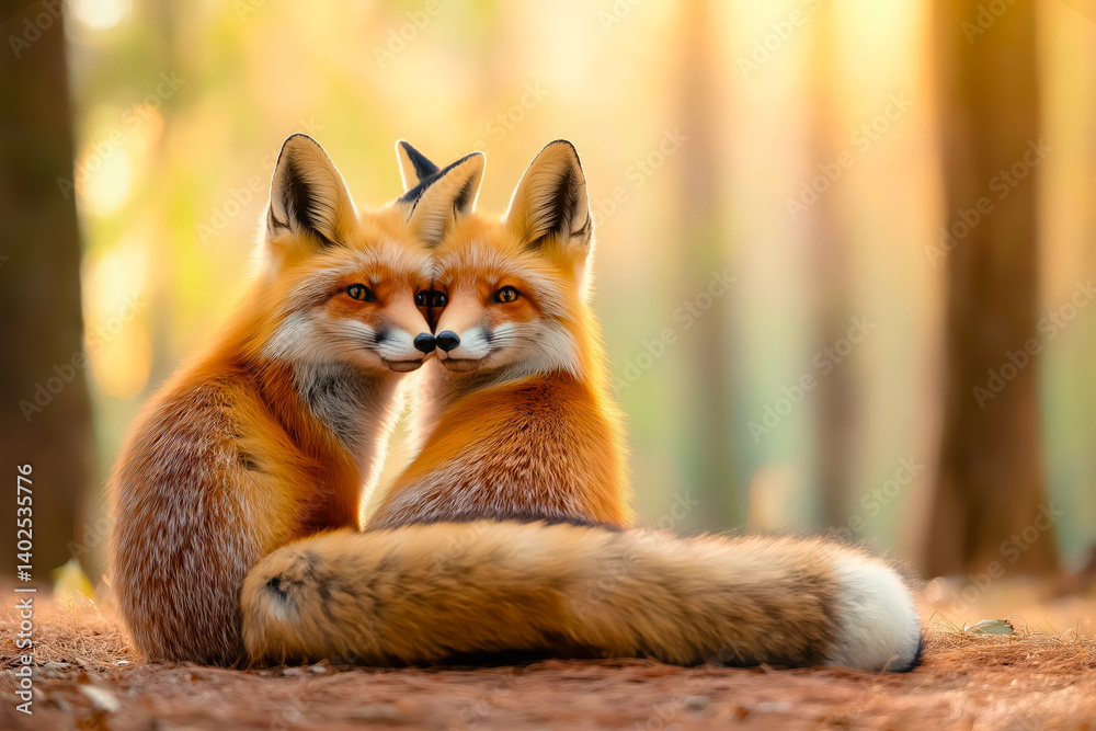 Obraz premium A romantic scene of two foxes sitting close together in a sunlit forest, gazing at the viewer with soft expressions