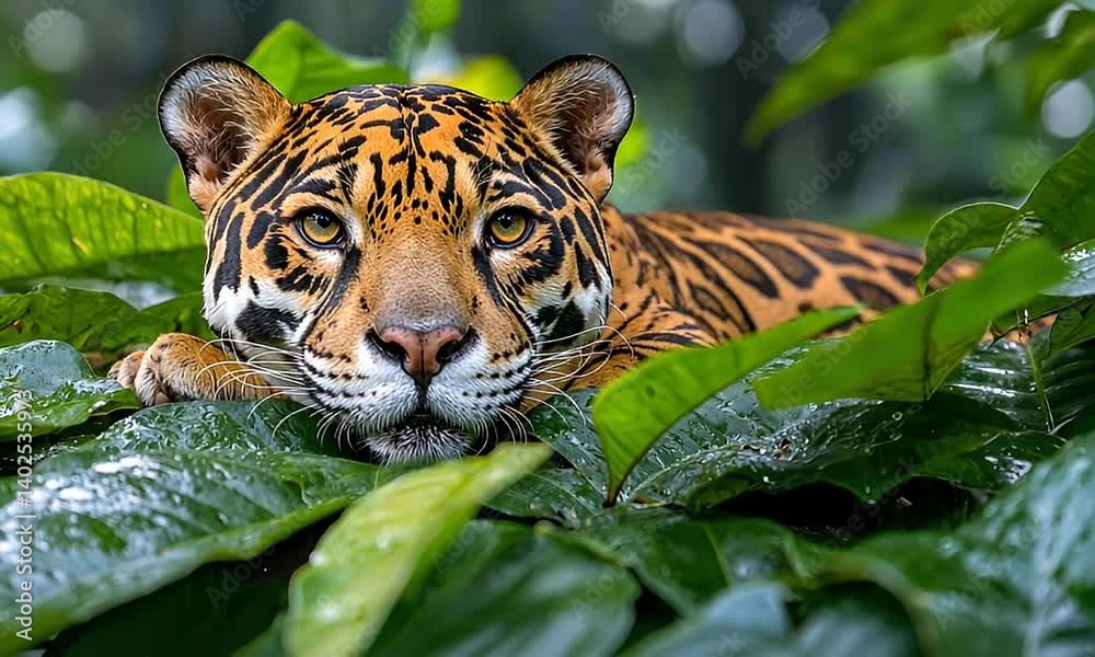 Close-Up Portrait of a Resting Jaguar Lying Among Lush Green Leaves in a Tropical Jungle Environment