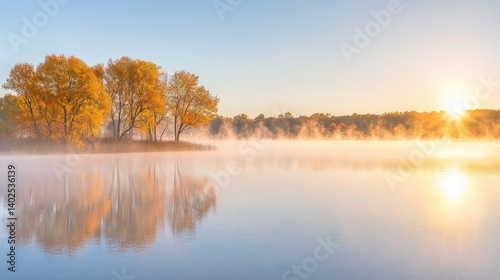 Serenity at Sunrise: Misty Lake with Golden Autumn Foliage