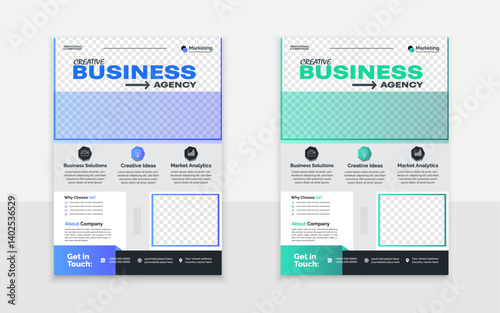 A4 size Modern Creative Professional Business Marketing Flyer design Template with rectangular rounds abstract t Green blue and orange shape.