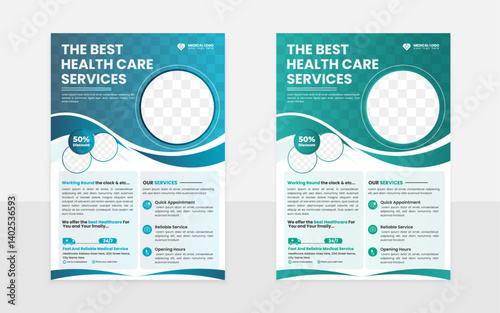 Modern a4 Size Creative medical Flyer design Template with rounded abstract type Green blue shape.