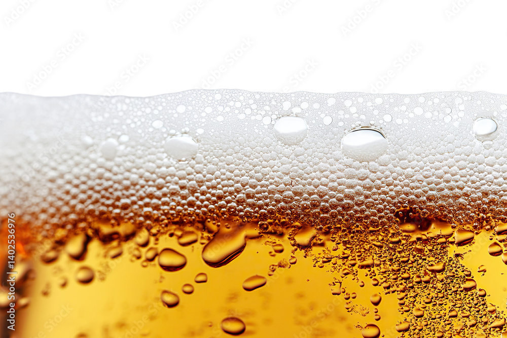 Close-up of golden beer with foam and bubbles, isolated on transparent cutout background Close-up of golden beer with foam and bubbles, isolated on transparent cutout background