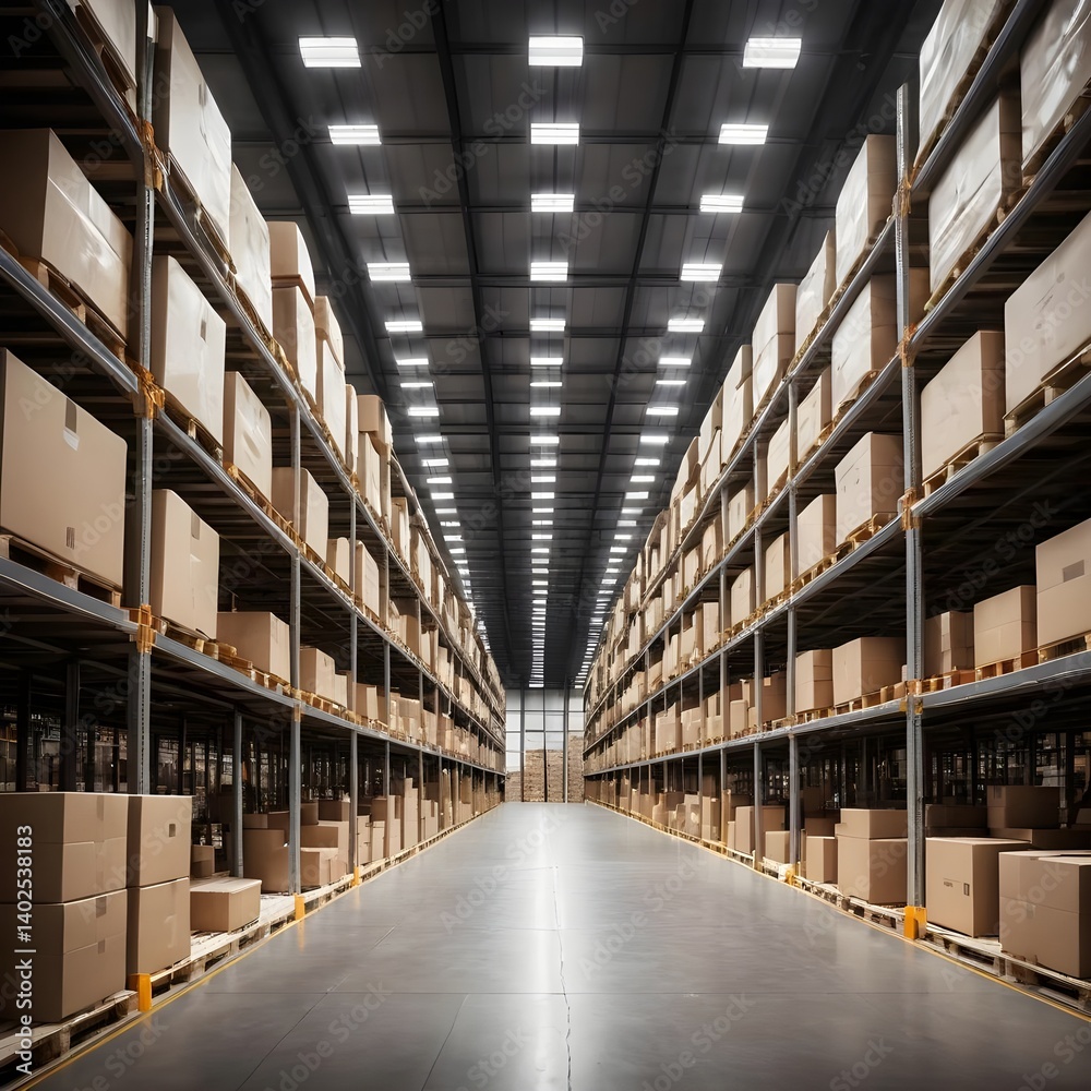 Fototapeta premium Endless Aisles of Cardboard Boxes in a Modern Warehouse