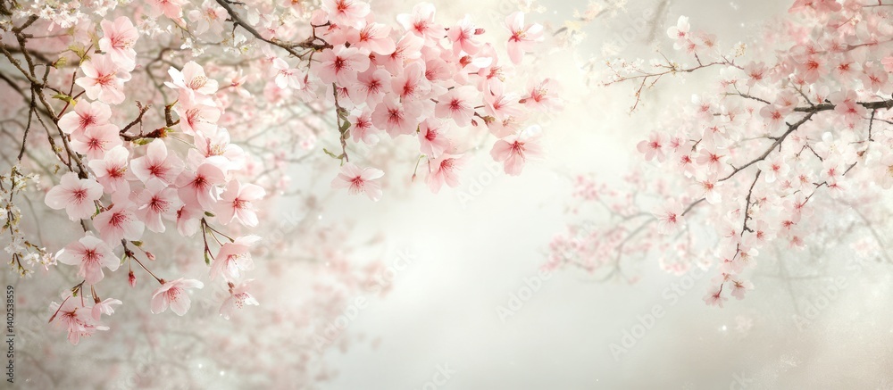 Misty Spring Cherry Blossoms, Peaceful Garden Misty Spring Cherry Blossoms, Peaceful Garden