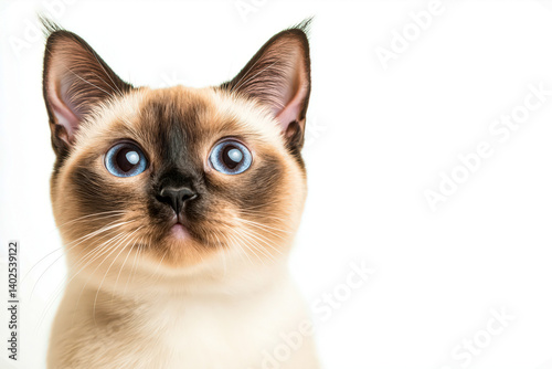 An Oriental Shorthair cat with large ears and striking blue eyes gazing curiously on a white background