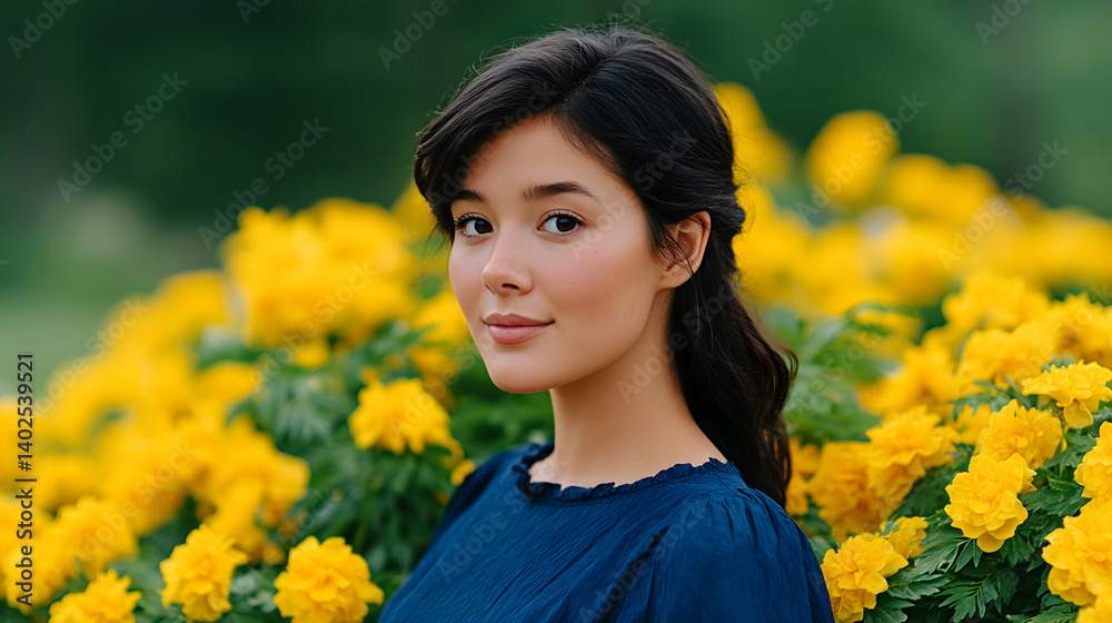Young woman with dark hair and flawless skin smiles gently, standing amidst a vibrant field of yellow flowers Young woman with dark hair and flawless skin smiles gently, standing amidst a vibrant field of yellow flowers