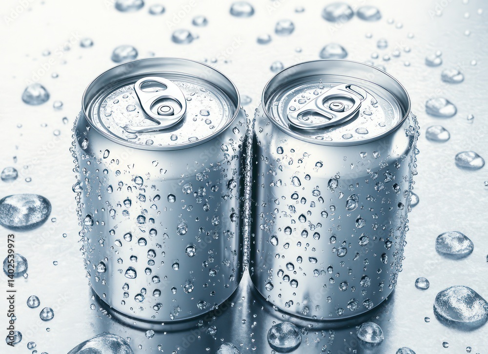 Two cold soda cans, condensation, metallic background, refreshing drinks Two cold soda cans, condensation, metallic background, refreshing drinks