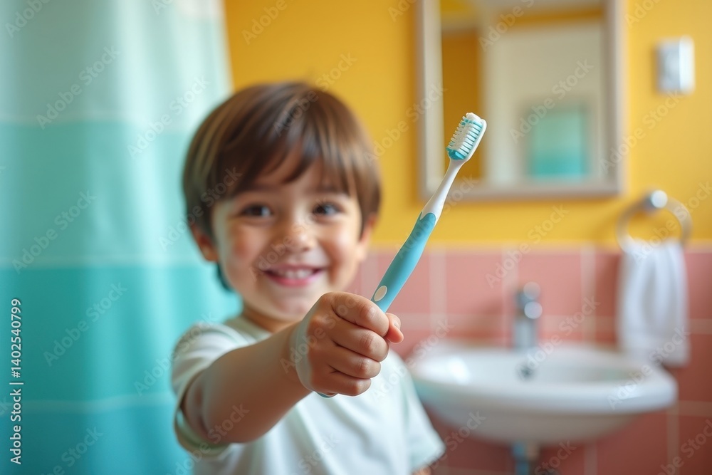 Child smiling with toothbrush in bathroom Child smiling with toothbrush in bathroom