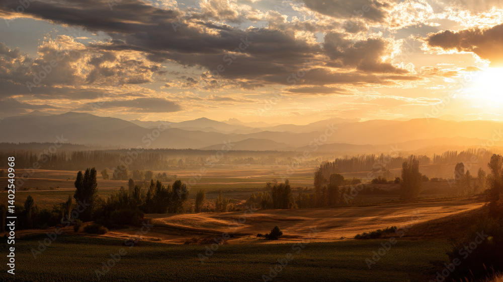 Fototapeta premium An editorial landscape photo of cultivated farmland under intense sunset, high-contrast shadows and golden-amber light streaming across aligned vegetation, distant valley and trees wrapped in haze