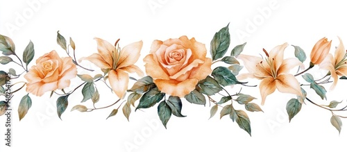 Wallpaper Mural Peach roses and lilies border; floral design; white background; wedding stationery Torontodigital.ca