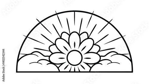 Semicircular Floral Design With Clouds And Rays Graphic Element For Decoration Monochrome Artistic Line Art Illustration