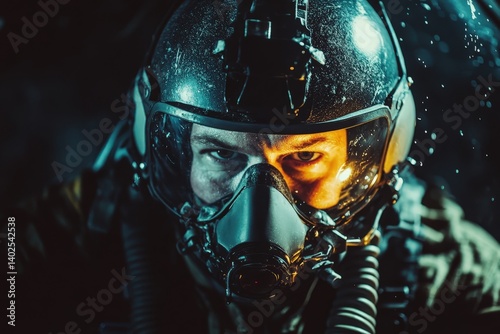 Pilot wearing a helmet and oxygen mask inside a jet with copy space. Intense light. Military airbase background. 
