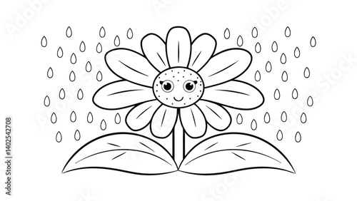 Cute Smiling Flower In The Rain Black And White Line Art For Coloring Book Illustrations And Educational Materials