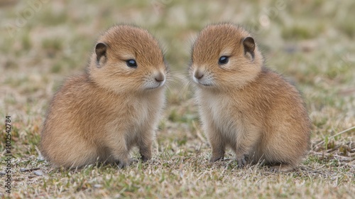 Two adorable baby prairie dogs in a grassy field. photo