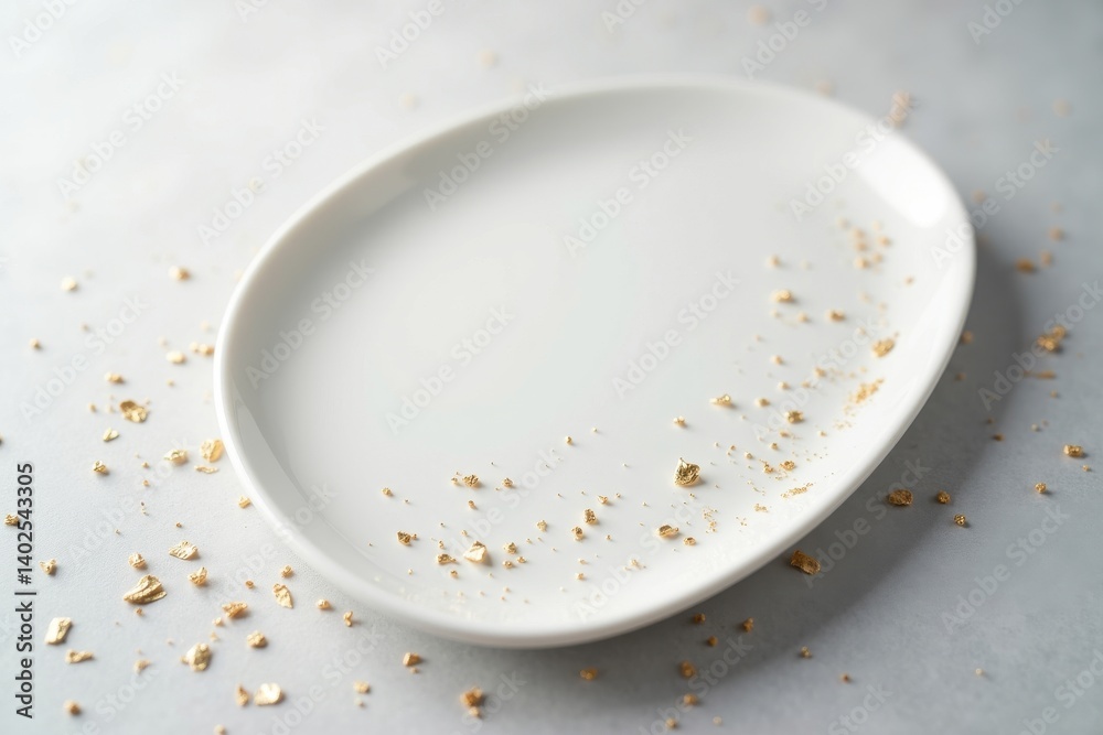 Empty white plate with gold flakes Empty white plate with gold flakes